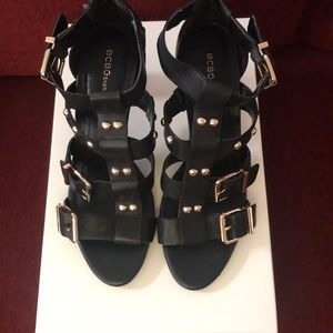 Black leather high heel scrappy sandals